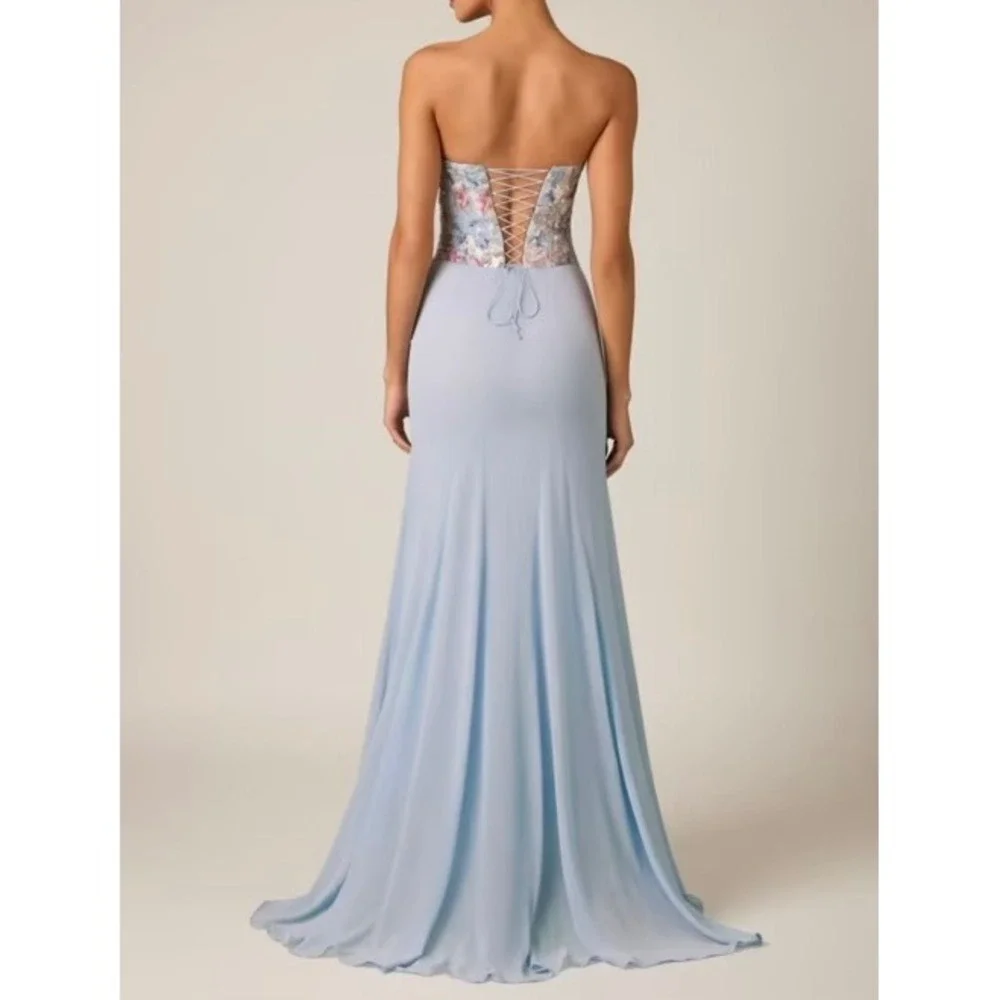 Oh Polly Blue Floral Embroidered Corset Maxi Dress Lace Up Back US 4 New - Picture 2 of 10